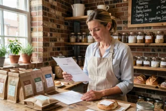 Propriétaire d'une petite boulangerie artisanale examinant un rapport d'impact sur le comptoir de sa boutique, illustrant le marketing à impact pour les PME