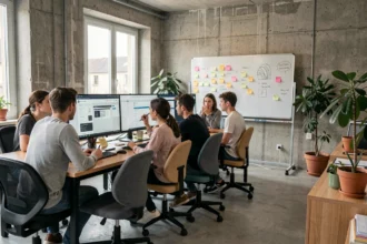 Vue d'ensemble d'une agence web moderne en Haute-Saône avec des professionnels collaborant sur des projets de création de sites internet