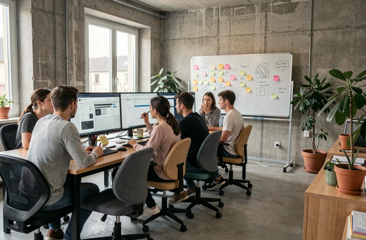 Vue d'ensemble d'une agence web moderne en Haute-Saône avec des professionnels collaborant sur des projets de création de sites internet