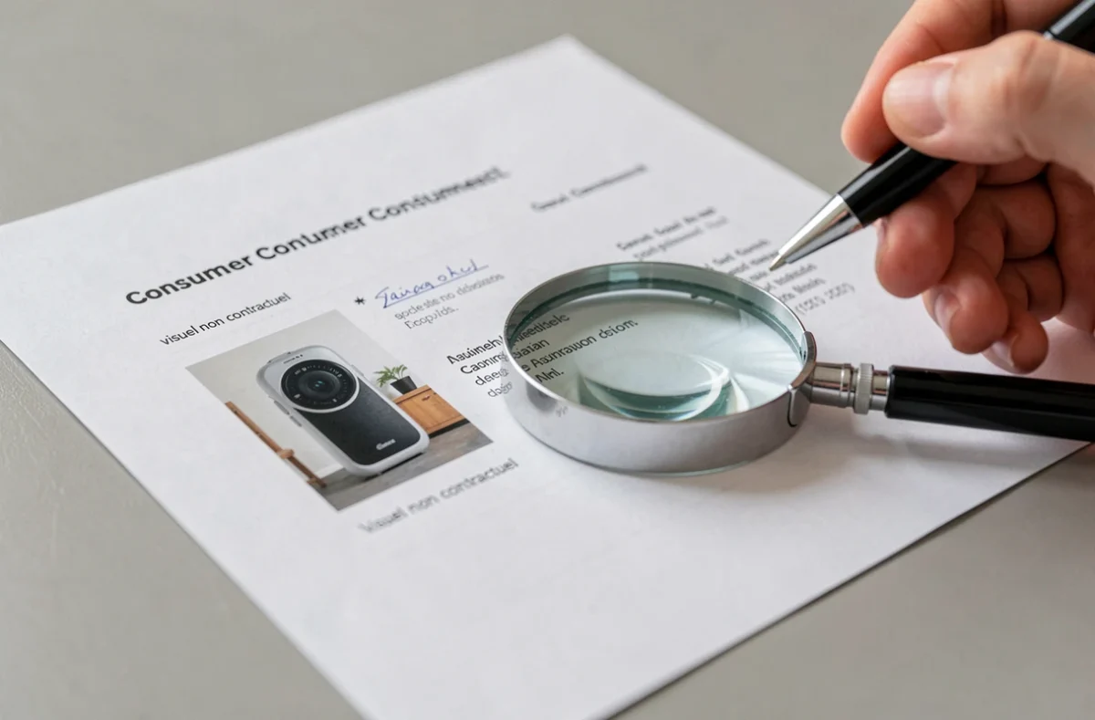 Mention légale visuel non contractuel visible sur un contrat consommateur avec loupe et stylo