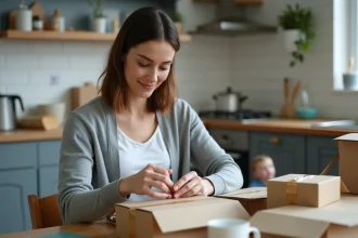 Mère à domicile qui emballe des colis à sa table de cuisine pour un emploi d'emballage à domicile