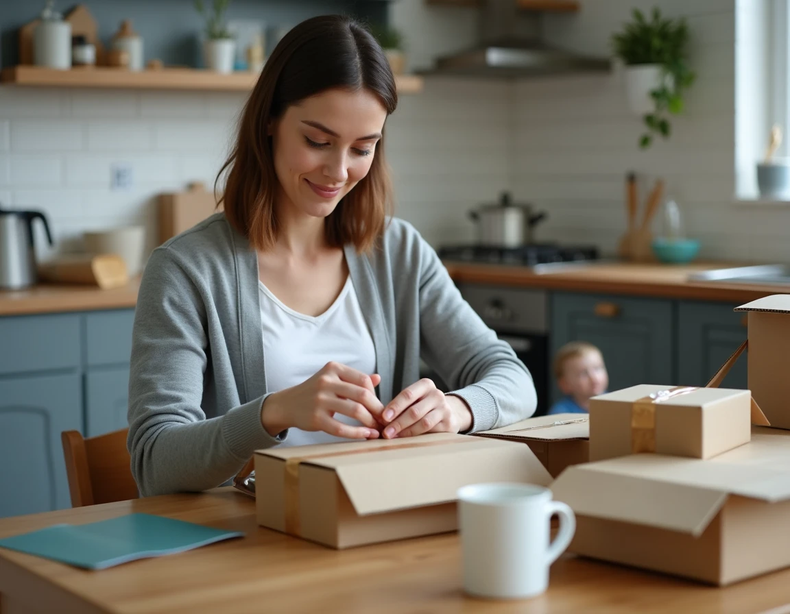 Mère à domicile qui emballe des colis à sa table de cuisine pour un emploi d'emballage à domicile