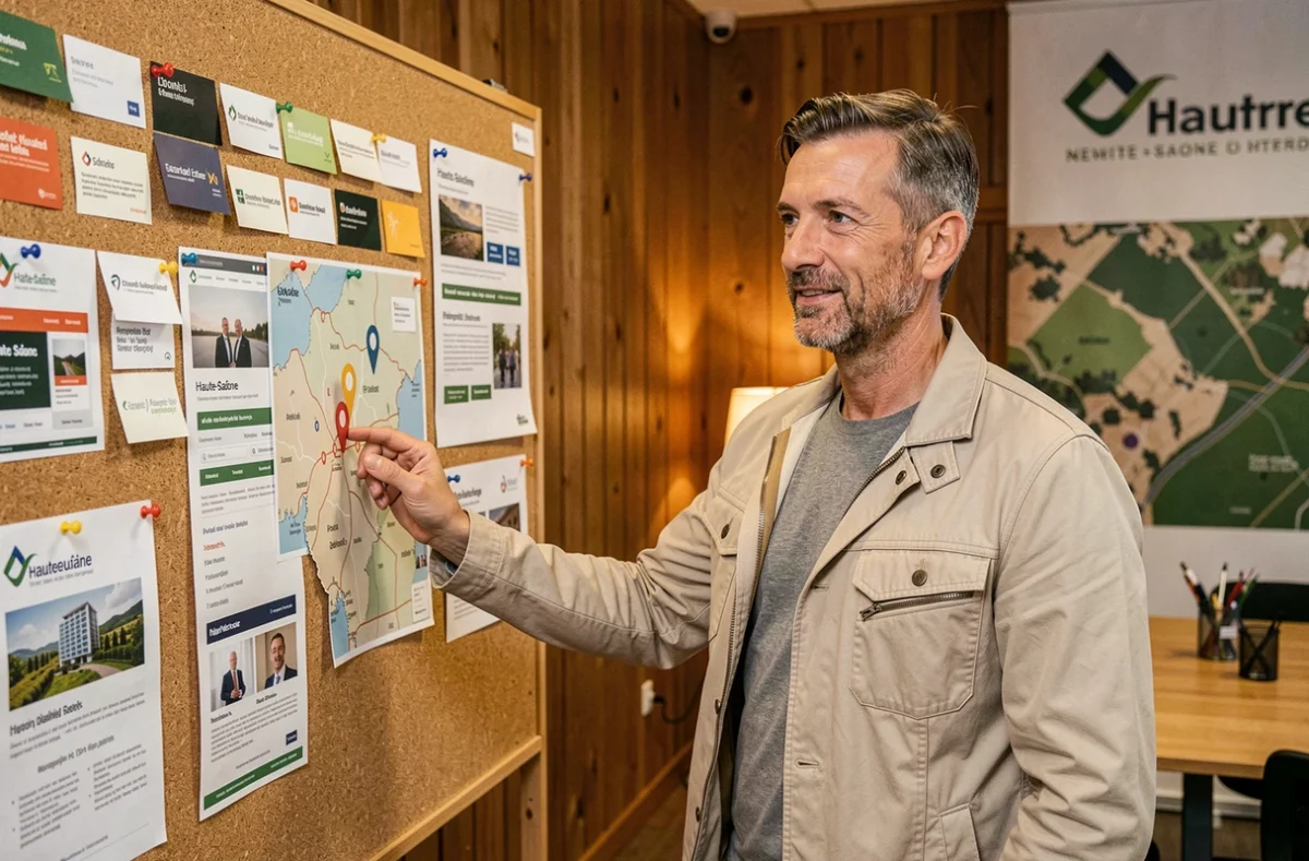 Conseiller de Mon Expert Digital présentant le réseau de prestataires numériques en Haute-Saône devant un tableau de services digitaux