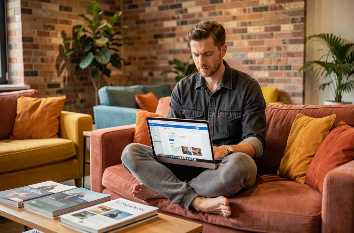 Designer web de NC-Webstudio travaillant sur une interface de site responsive dans un espace de travail créatif détendu