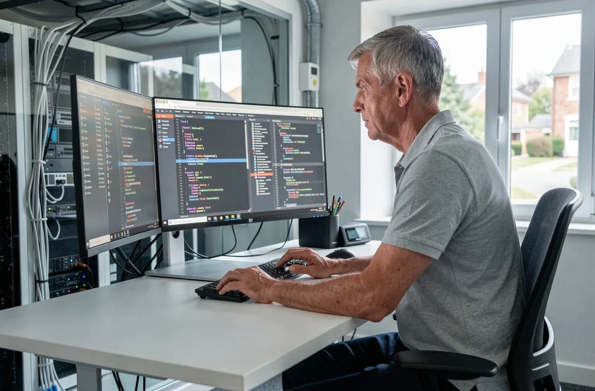 Développeur web senior de Net-Concept en train de coder sur un écran ultrawide dans un bureau d'agence web professionnel