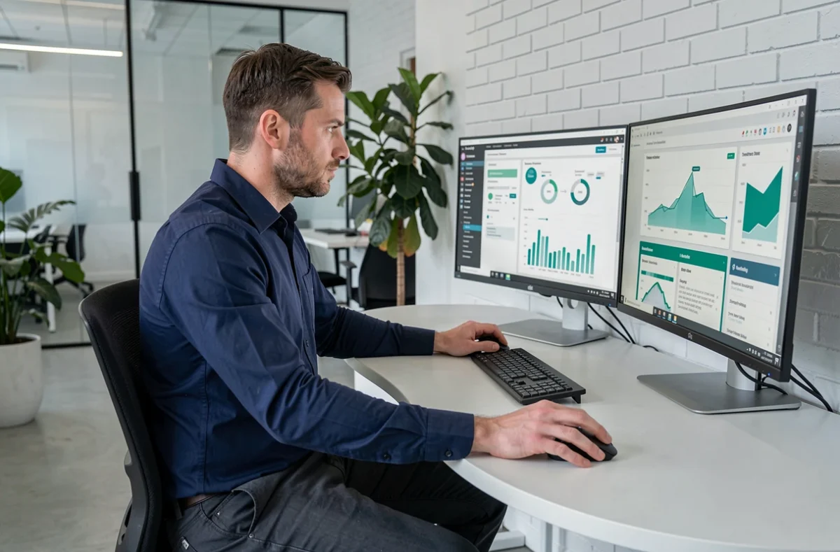 Consultant en stratégie digitale de l'agence Netsulting travaillant sur des tableaux de bord analytiques dans un bureau moderne