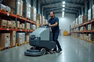 Professionnel de nettoyage masculin avec balayeuse dans un entrepôt