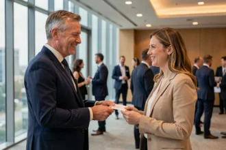 Deux professionnels échangeant des cartes de visite lors d'un événement de networking B2B en salle de conférence moderne