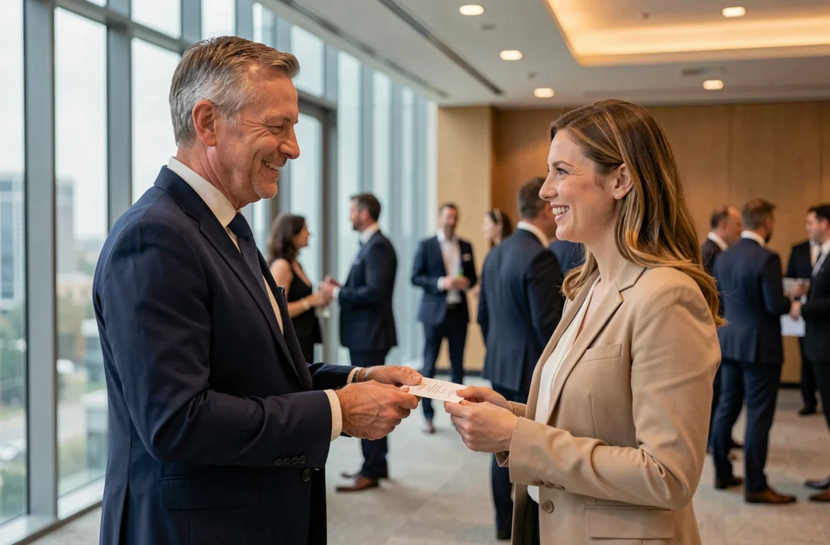 Deux professionnels échangeant des cartes de visite lors d'un événement de networking B2B en salle de conférence moderne