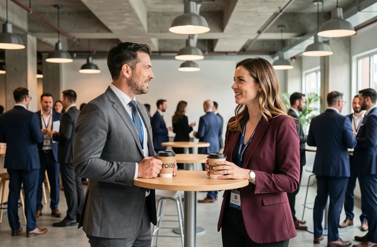 Deux professionnels échangeant lors d'un événement de networking B2B dans un espace de coworking contemporain