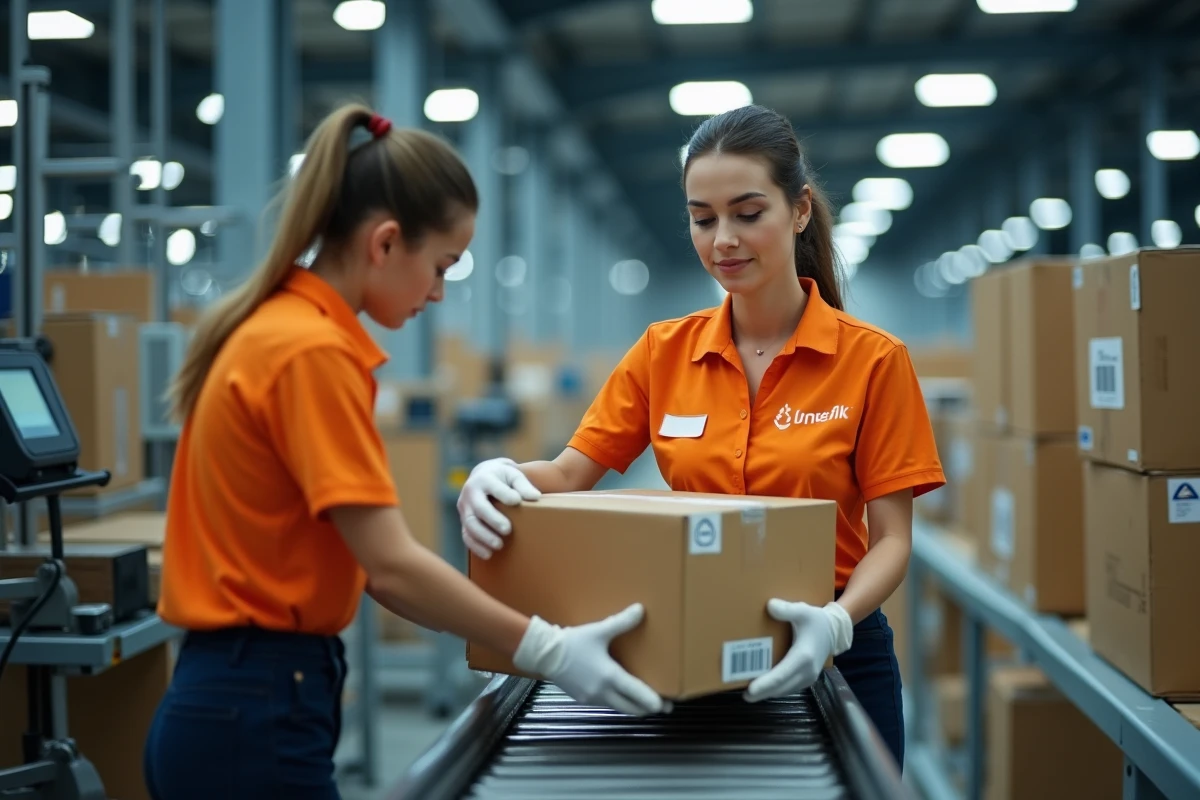 Opératrice d'entrepôt scannant des colis sur un tapis roulant dans un centre de distribution logistique automatisé