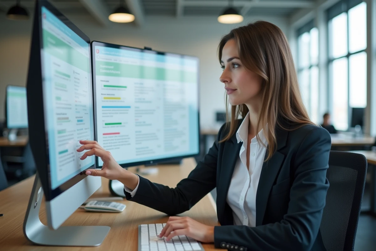 Femme professionnelle organisant sa boîte mail Zimbra sur un écran d'ordinateur dans un bureau moderne
