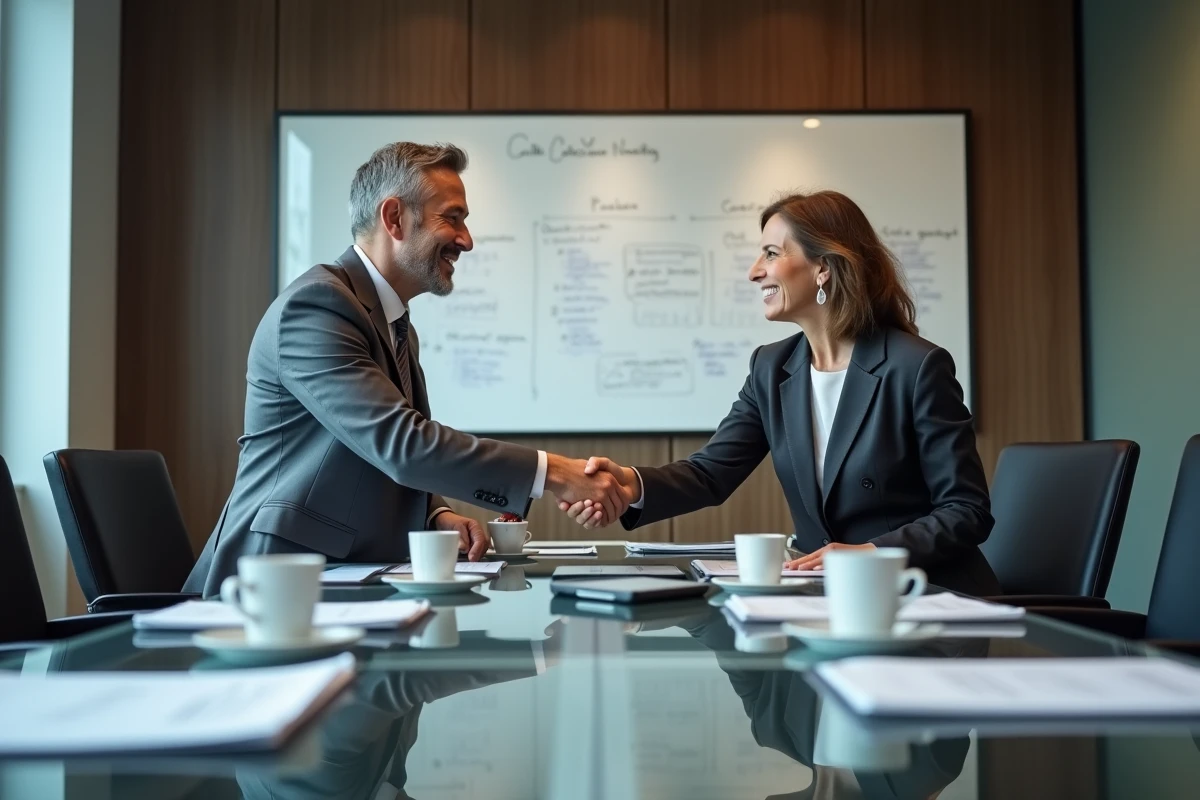 Deux partenaires professionnels se serrant la main lors d'une réunion d'affaires pour un projet entrepreneurial 2026