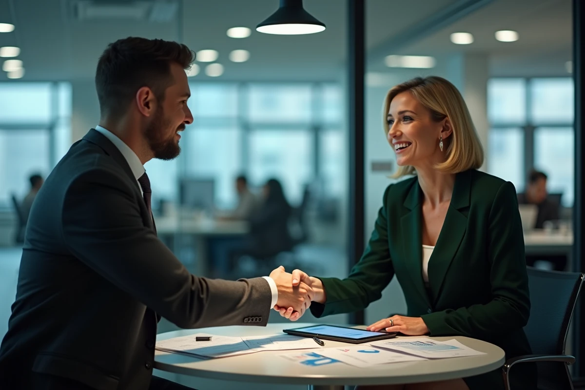 Deux dirigeants de PME concluant un partenariat commercial après une mise en relation via une plateforme professionnelle