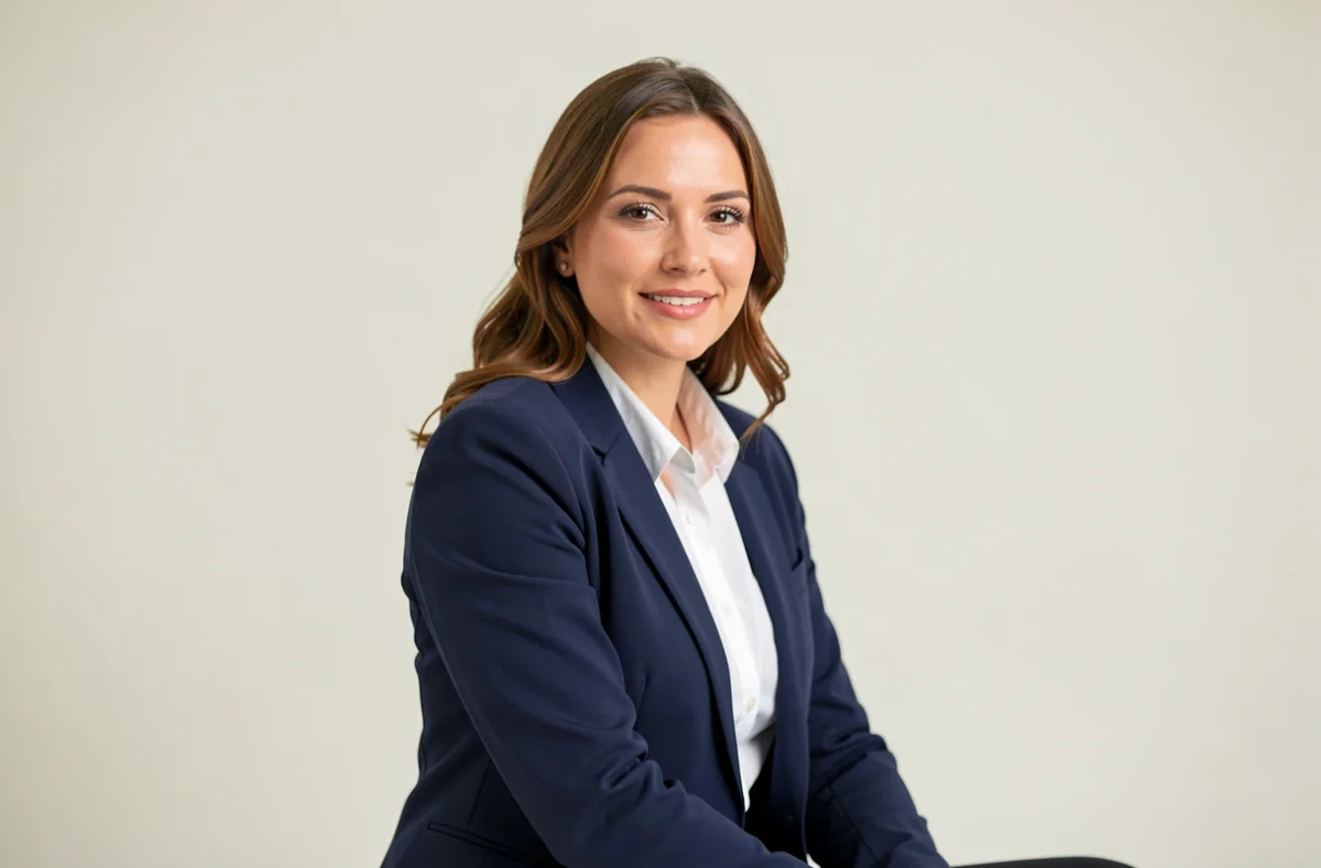 Portrait professionnel femme en blazer marine fond blanc pour CV
