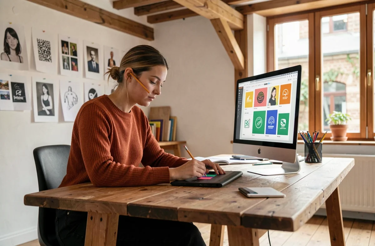Graphiste de l'agence Pixelys travaillant sur des maquettes de logo sur tablette graphique dans un studio créatif lumineux