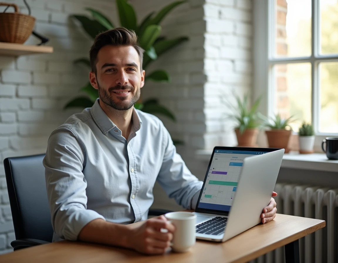 Homme organisant son planning de rencontres professionnelles depuis son bureau à domicile via un extranet