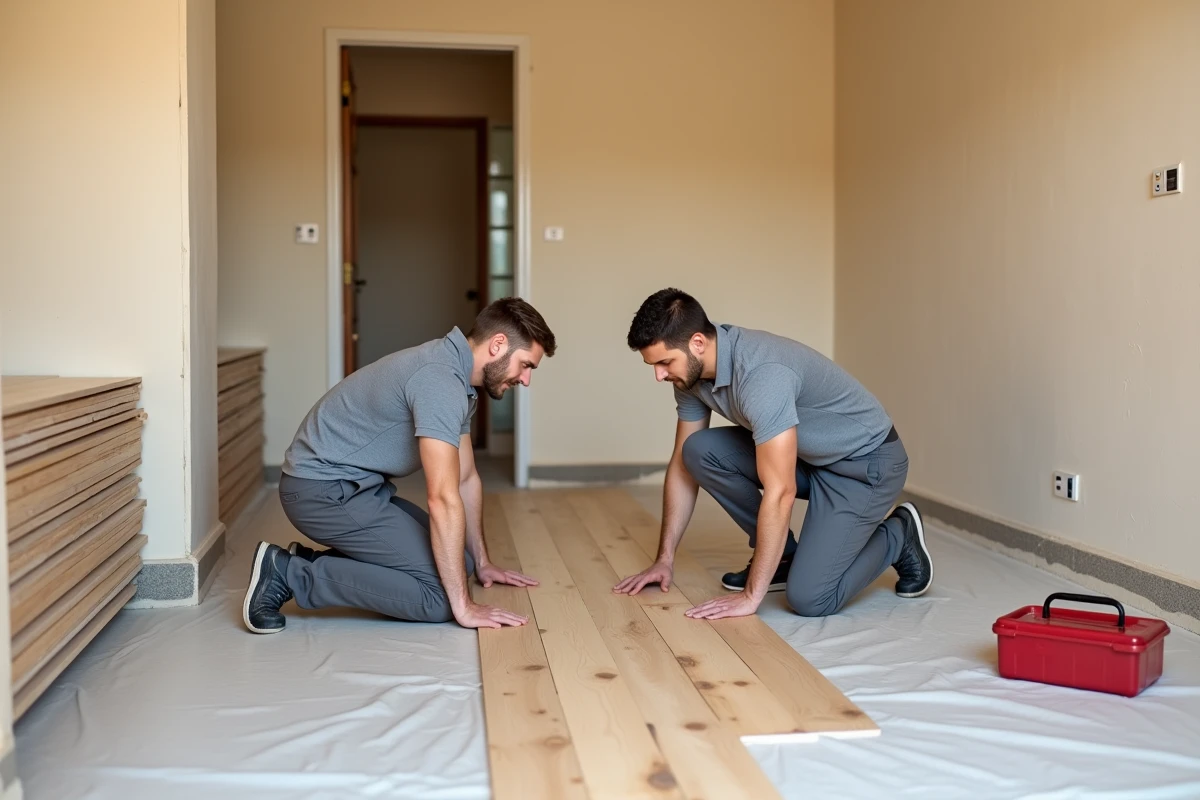 Deux artisans posant un parquet stratifié dans une maison en cours de rénovation