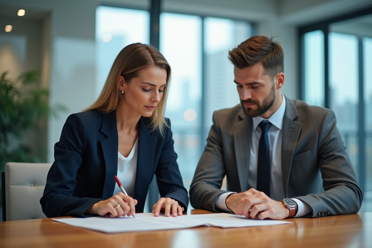 Deux professionnels en réunion dans un bureau moderne