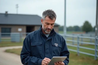 Spécialiste en protection agricole devant une exploitation moderne à Massy en 2026, consultant une tablette de surveillance numérique