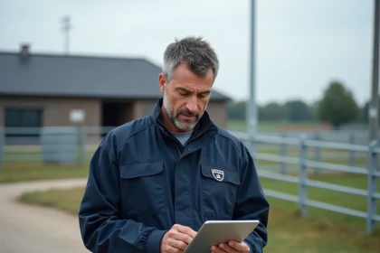 Spécialiste en protection agricole devant une exploitation moderne à Massy en 2026, consultant une tablette de surveillance numérique