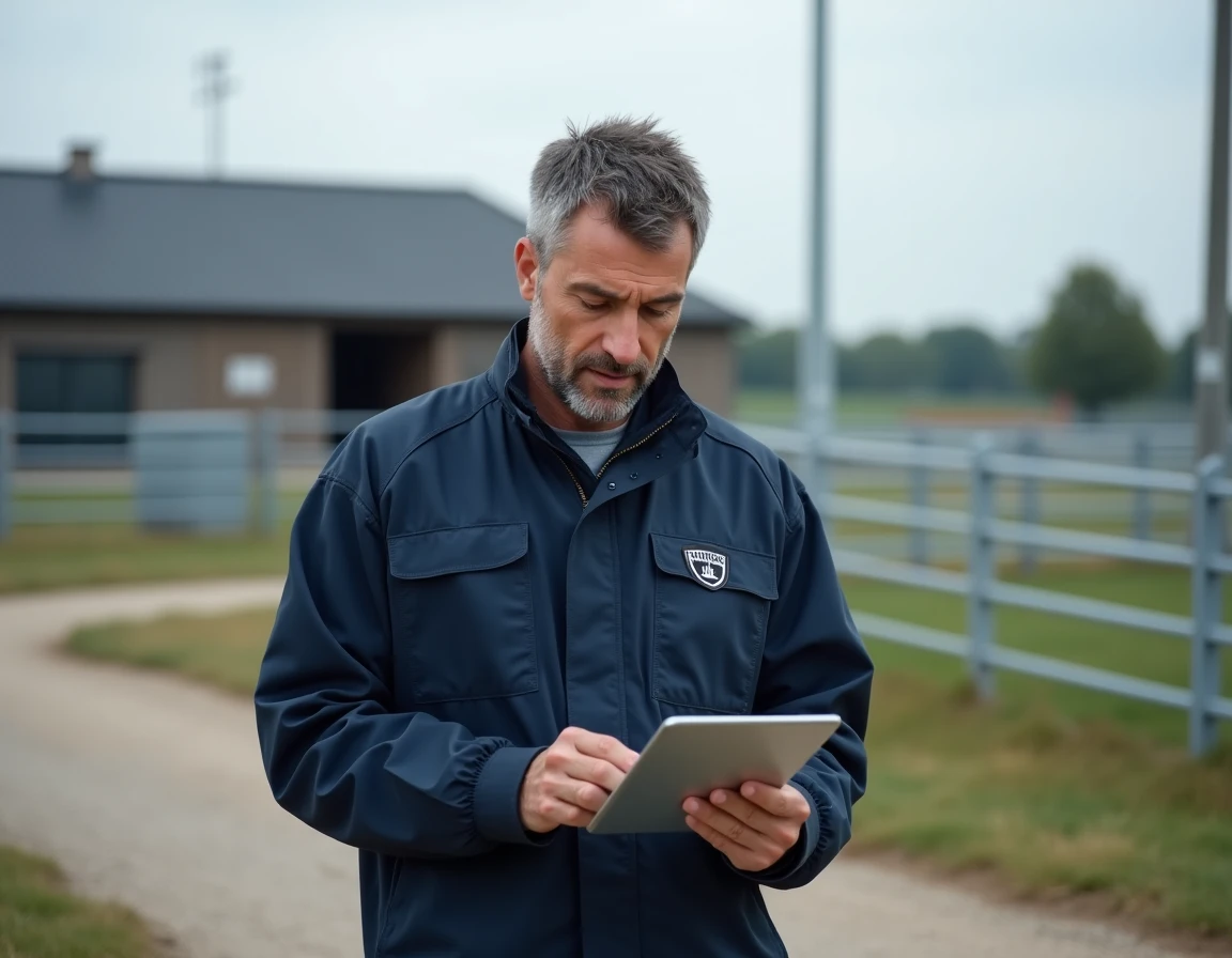 Spécialiste en protection agricole devant une exploitation moderne à Massy en 2026, consultant une tablette de surveillance numérique