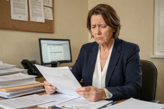 Femme examinant des documents administratifs liés à une radiation Pôle emploi et un arrêt maladie dans un bureau