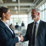 Homme et femme d'âge moyen se serrant la main dans un bureau moderne