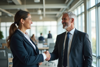Homme et femme d'âge moyen se serrant la main dans un bureau moderne