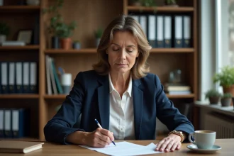 Femme rédigeant une lettre de dénonciation anonyme à l'URSSAF à son bureau à domicile