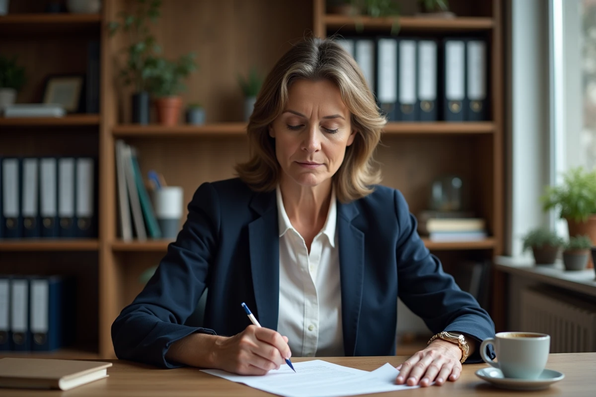 Femme rédigeant une lettre de dénonciation anonyme à l'URSSAF à son bureau à domicile