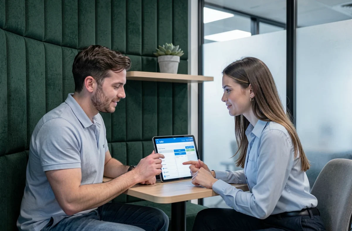 Deux professionnels réservant un bureau privatif dans un espace de coworking, consultant une interface de réservation en ligne sur une tablette