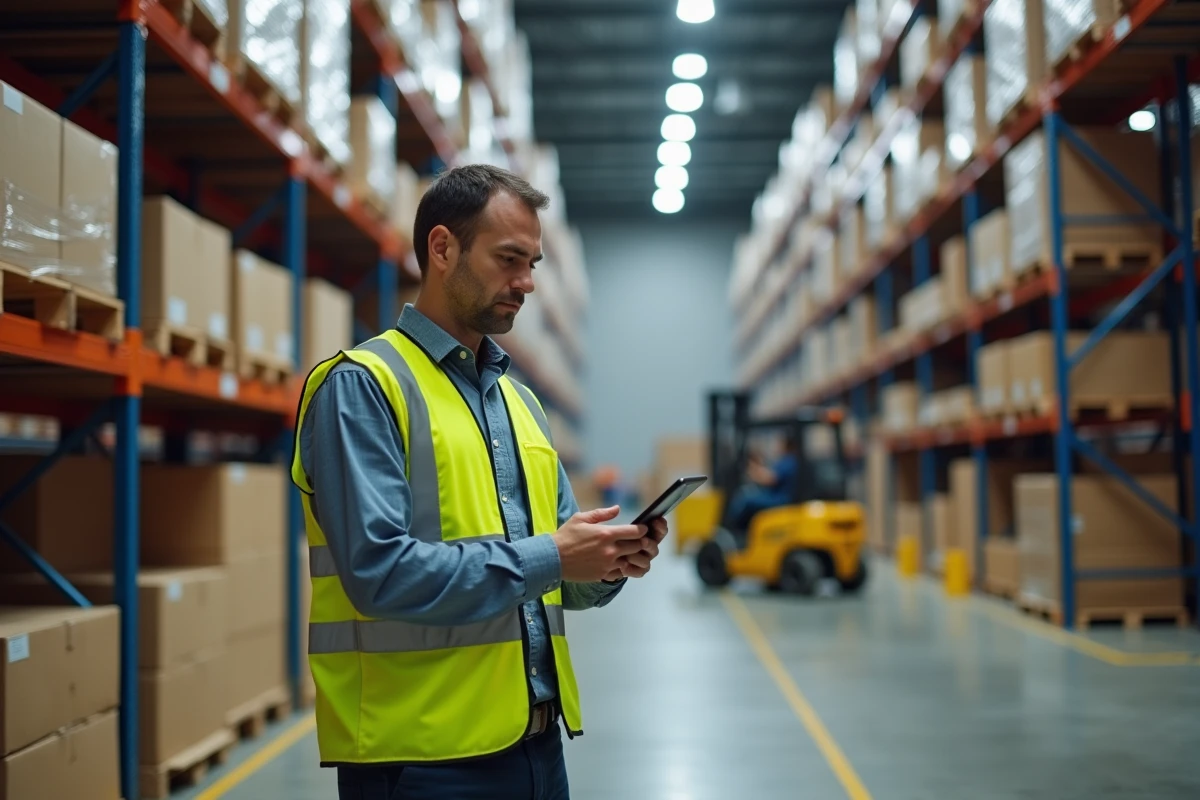 Responsable logistique consultant une tablette numérique dans un entrepôt de distribution moderne avec des rayonnages industriels