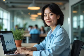 Responsable RH d'une PME en croissance utilisant un logiciel SIRH SaaS nomade sur son ordinateur portable dans un bureau moderne