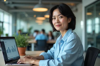 Responsable RH d'une PME en croissance utilisant un logiciel SIRH SaaS nomade sur son ordinateur portable dans un bureau moderne