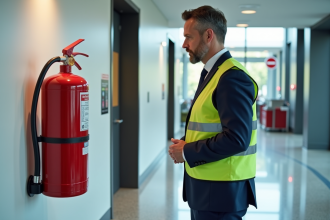 Manager en costume inspectant un extincteur rouge dans un hall moderne