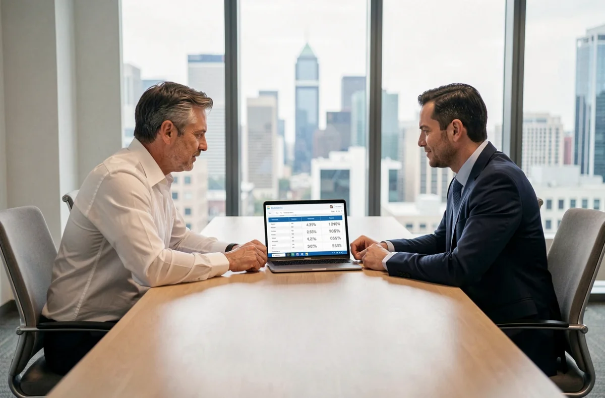 Consultant et freelance en réunion analysant les frais de gestion en portage salarial sur un ordinateur portable