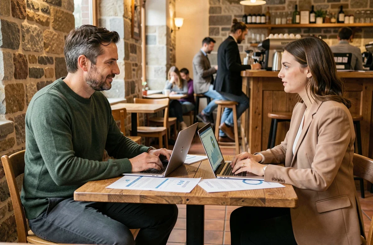 Consultant SEO Rennes en réunion client dans un café breton, présentant des résultats de référencement durables