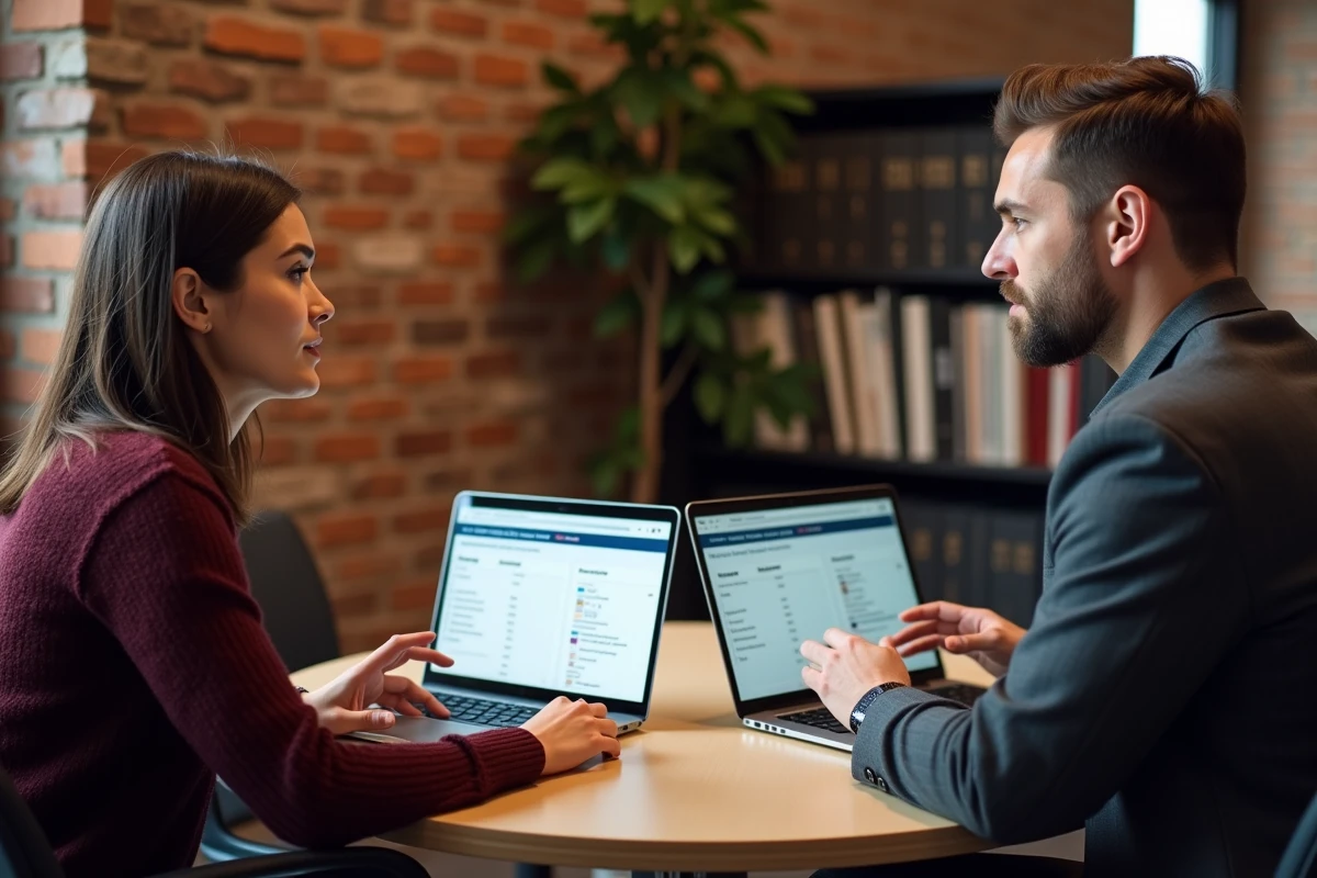 Deux collègues comparant des interfaces CRM sur ordinateur portable lors d'une réunion de migration vers un nouveau logiciel