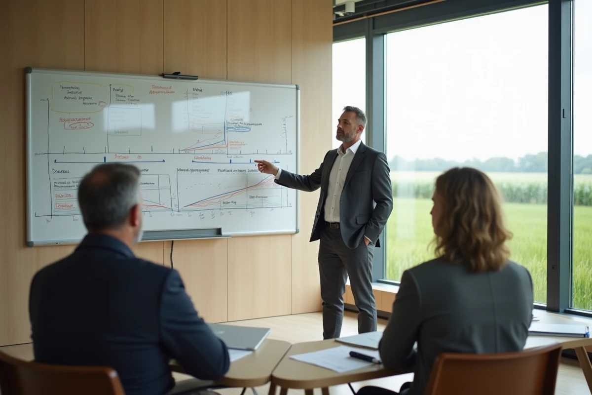 Consultant fiscal présentant les étapes de transition après la fin de l'exonération Def Acre 2026 à un groupe d'agriculteurs