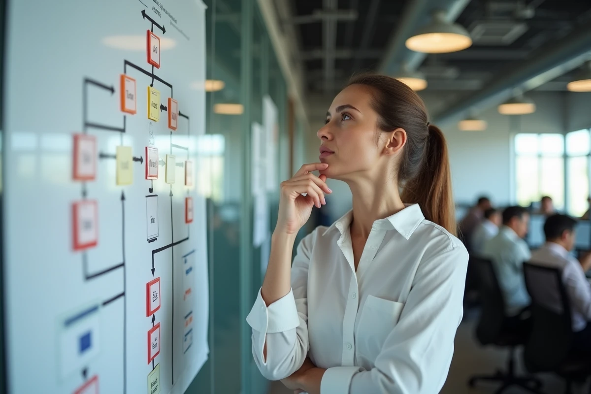 Professionnelle RH analysant un organigramme hiérarchique en open space, réflexion sur la promotion et le principe de Peter