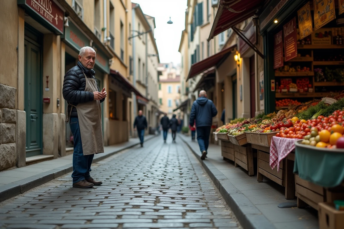 Rue commerçante française avec magasins alimentaires fermés et un vendeur de marché encore actif