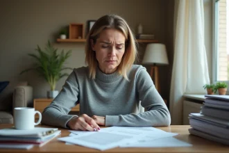 Salariée Chronopost consultant des documents d'aide sociale du CSE à son bureau à domicile