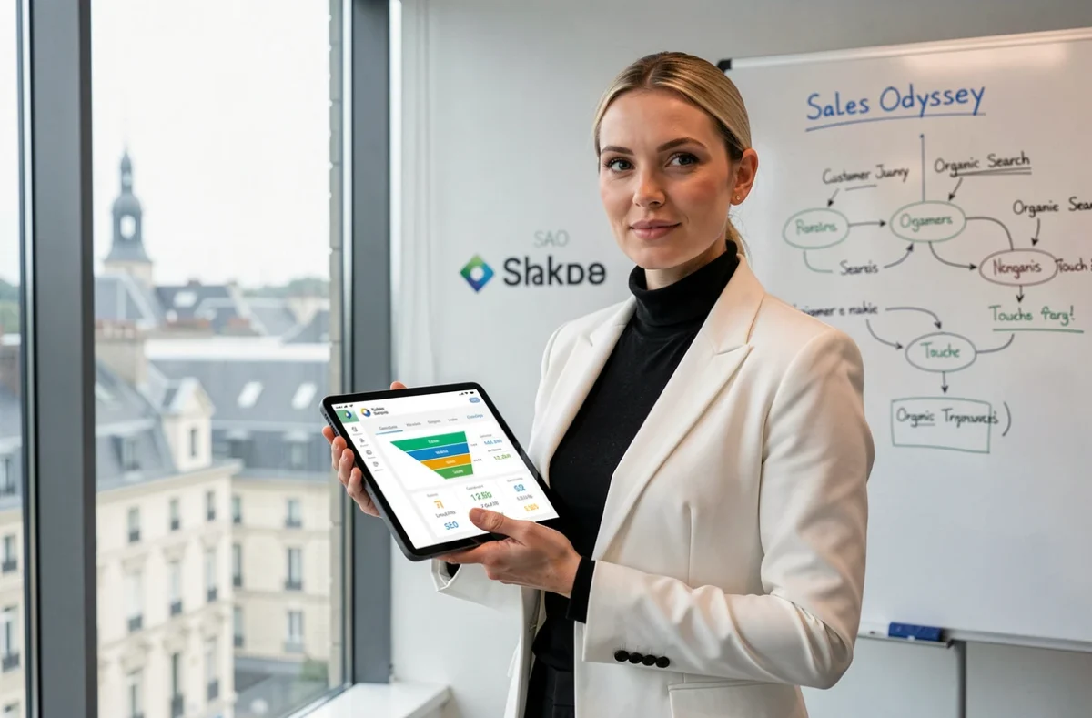 Consultante de Sales Odyssey présentant une stratégie de génération de leads SEO dans un bureau moderne avec vue sur la ville