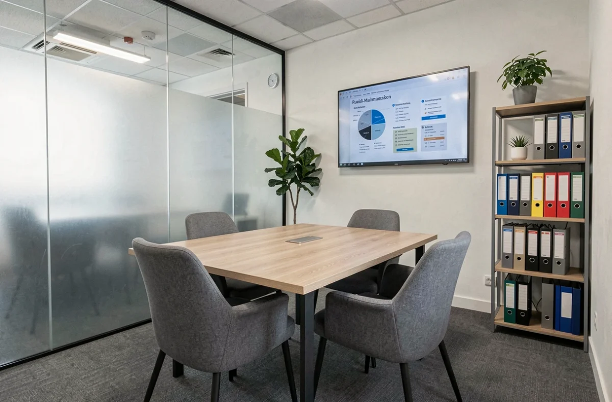 Salle de réunion dans un espace de coworking à Rueil-Malmaison avec table de conférence et écran de présentation