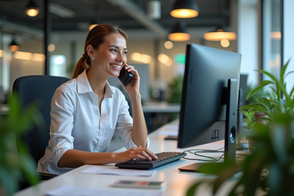 Secretaire souriante au téléphone dans un espace de travail lumineux