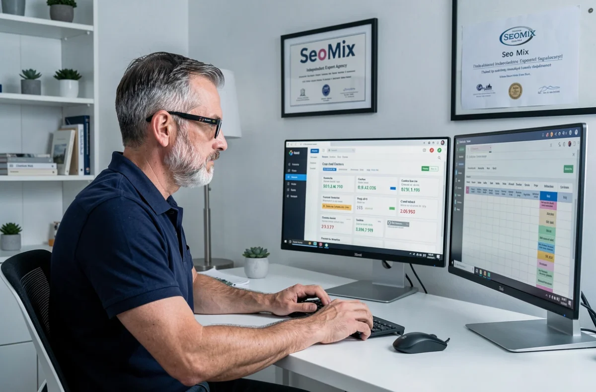 Expert SEO de SeoMix analysant un audit technique de site sur son tableau de bord dans un bureau épuré