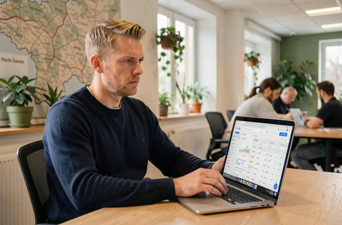 Consultant SEO de Serpovia analysant des données de référencement et de stratégie digitale pour la Haute-Saône sur son ordinateur