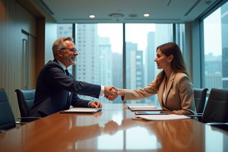 Deux professionnels se serrent la main dans une salle de réunion moderne