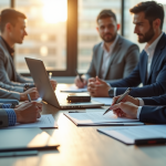 Professionnels signant un contrat dans un bureau lumineux